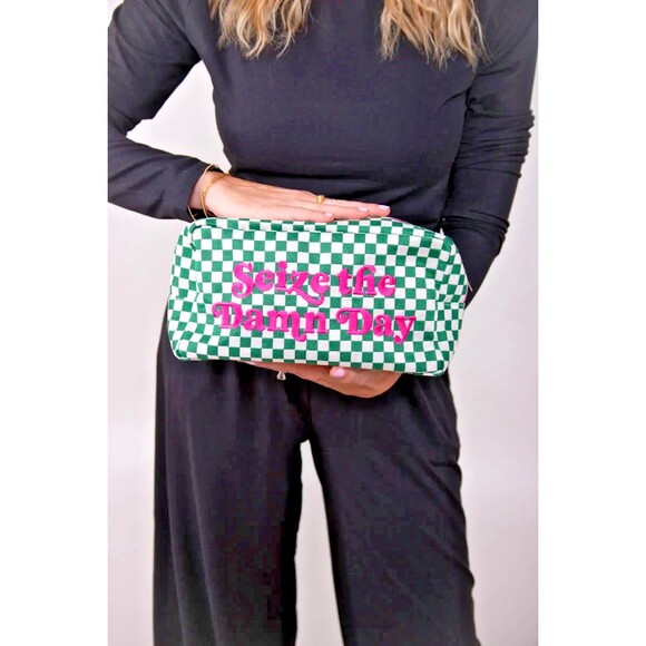 PINKTAG Handbags - PINKTAG Seize The Damn Day Checkered Cosmetic Bag, Totalee Gift Green Checkered